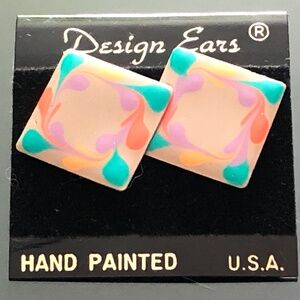 3/$32 VTG 90s Hand Painted Peach Turquoise Lilac Orange Square Pierced Earrings